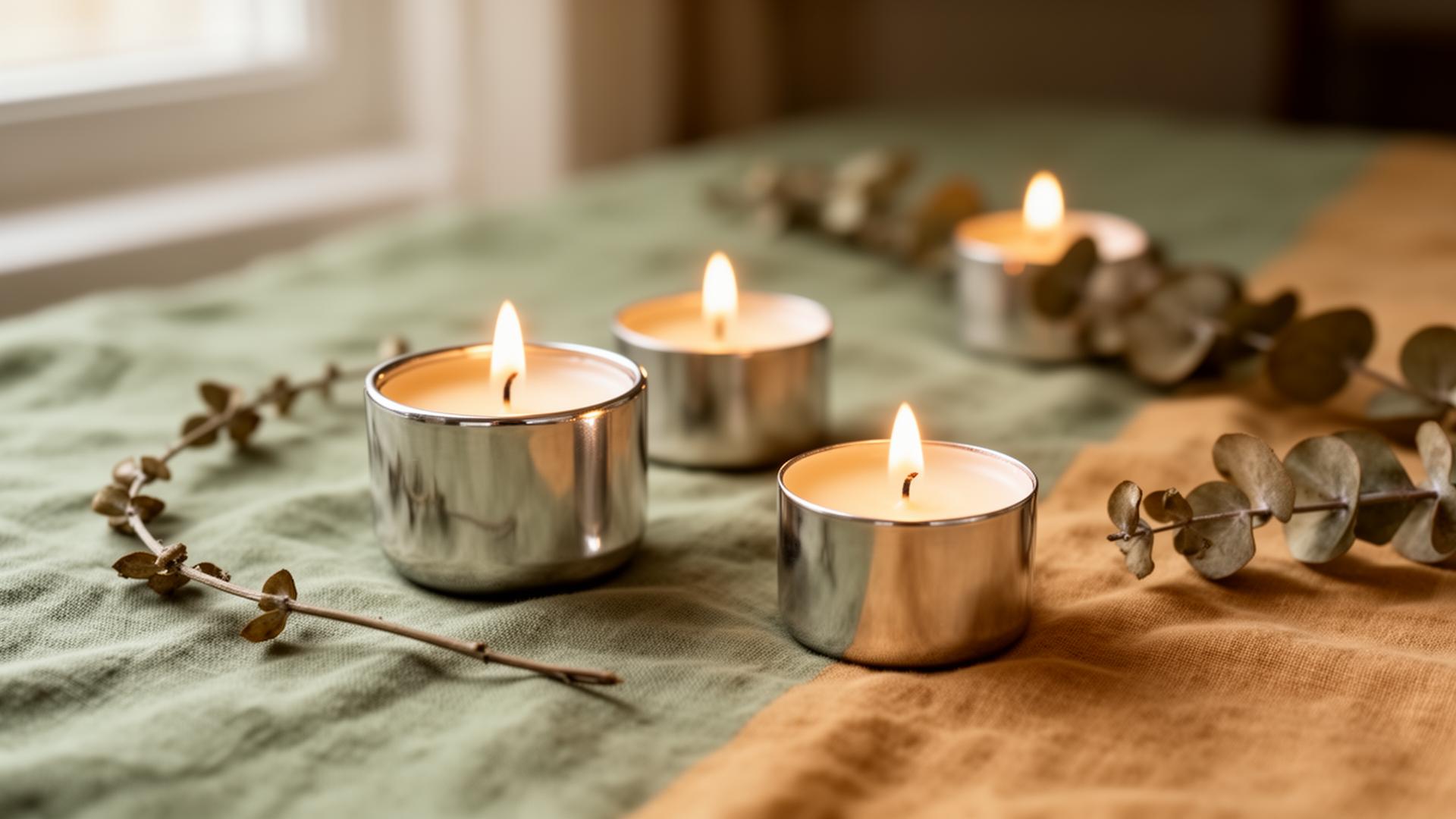 Soy tea candles glowing softly