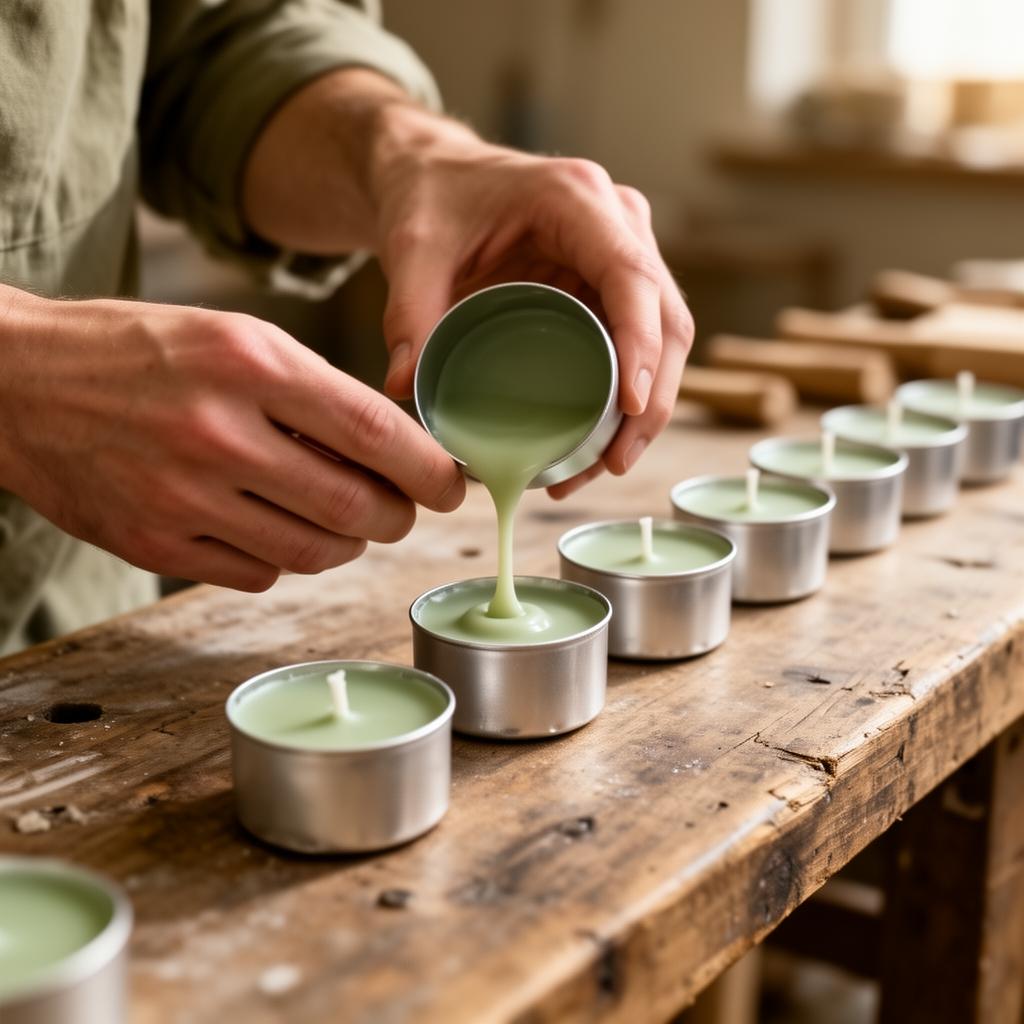 Hand-pouring soy wax into tea light casings on a wooden workbench
